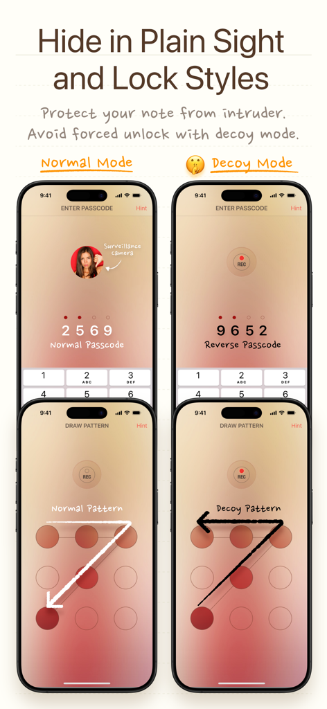 Note Lock~Lock your Tales Safe - Vergleich von normalen und Köder-Passcode- und Mustersperrmodi in der Note Lock App