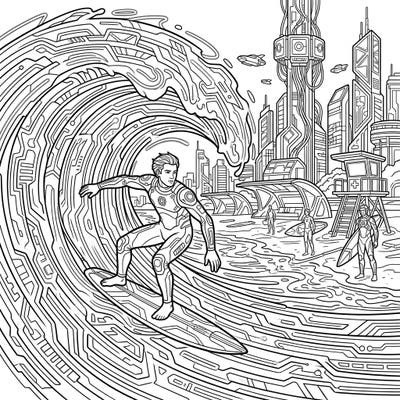Immerse yourself in a dynamic cyberpunk surfing beach scene, where futuristic technology meets the thrill of the waves. This unique coloring page features a high-tech cityscape and detailed circuit-board patterns, offering an exhilarating creative escape.