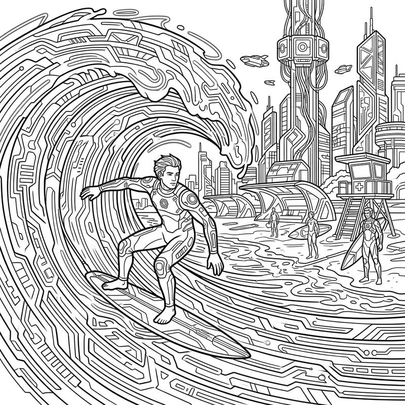 Immerse yourself in a dynamic cyberpunk surfing beach scene, where futuristic technology meets the thrill of the waves. This unique coloring page features a high-tech cityscape and detailed circuit-board patterns, offering an exhilarating creative escape.