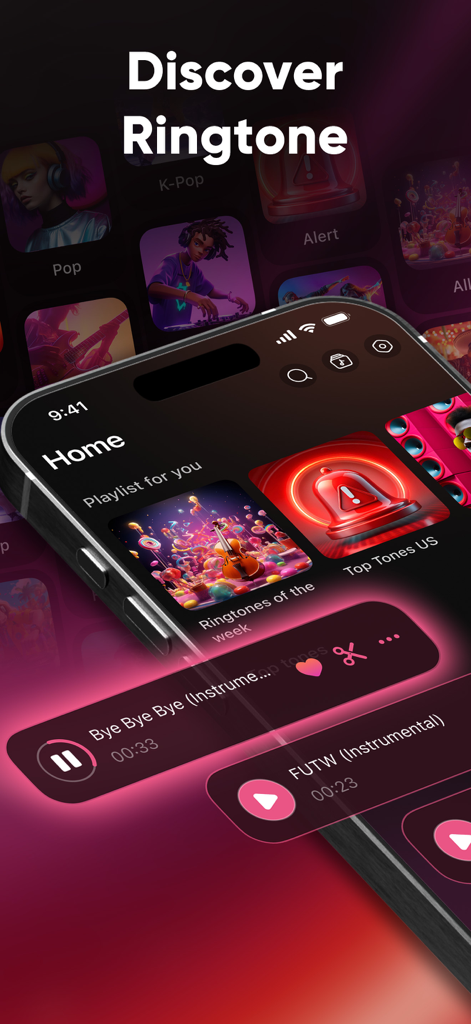 Ringtones Maker & Wallpapers - Ringtones Maker app home screen showing discovery categories and custom ringtone editing tools on an iPhone