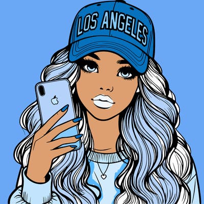 realistic beautiful girl wearing los ángeles cap holding an iphone