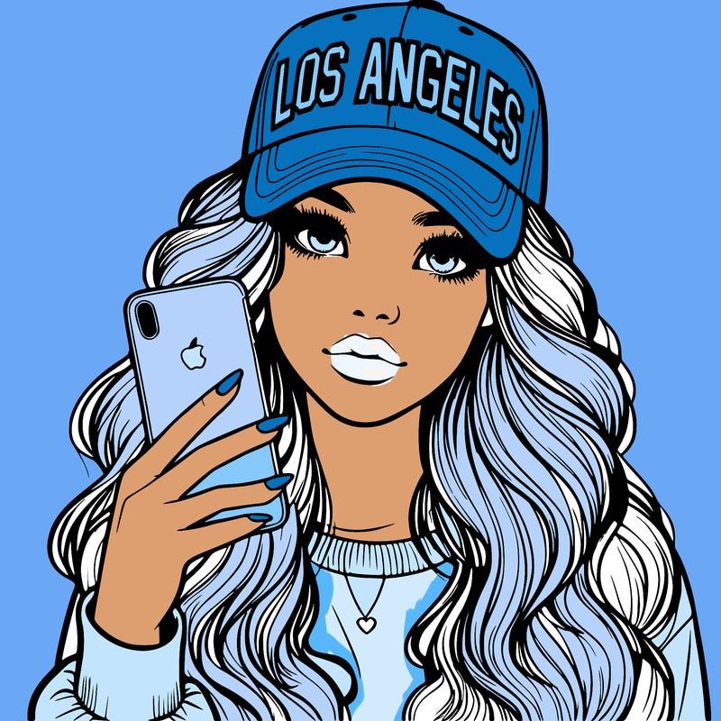 realistic beautiful girl wearing los ángeles cap holding an iphone