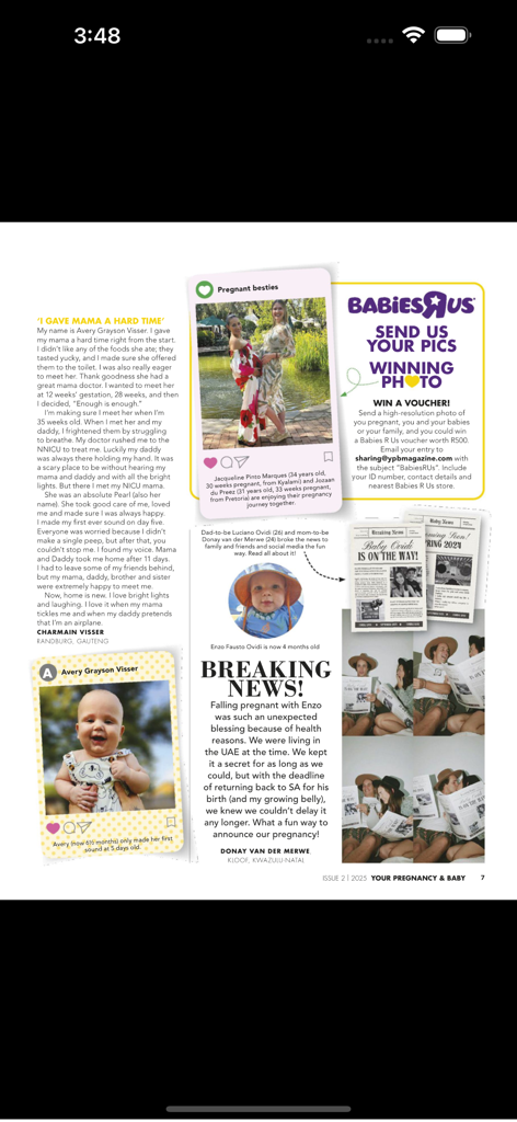 Your Pregnancy SA - Una página de revista de la aplicación Tu Embarazo SA que presenta historias de embarazo, fotos de bebés y un anuncio de concurso de fotografía.