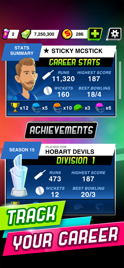 Stick Cricket Super League - 선수의 트로피와 시즌 진행 상황을 보여주는 Stick Cricket Super League의 경력 통계 및 업적 화면.