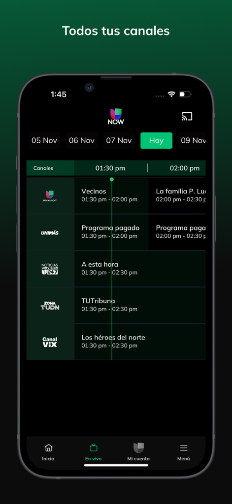 Univision Now - Univision Now mobile app interface showing a live TV programming guide with a schedule of various Spanish language channels