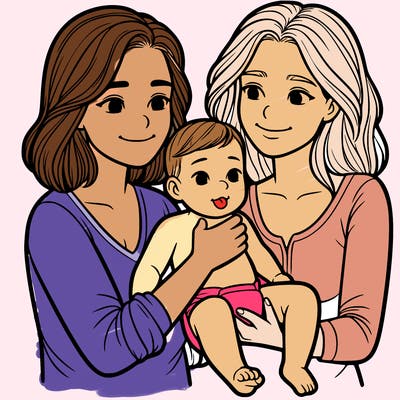 two realistic women holding one baby together