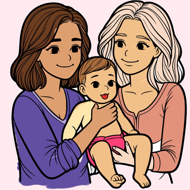 two realistic women holding one baby together