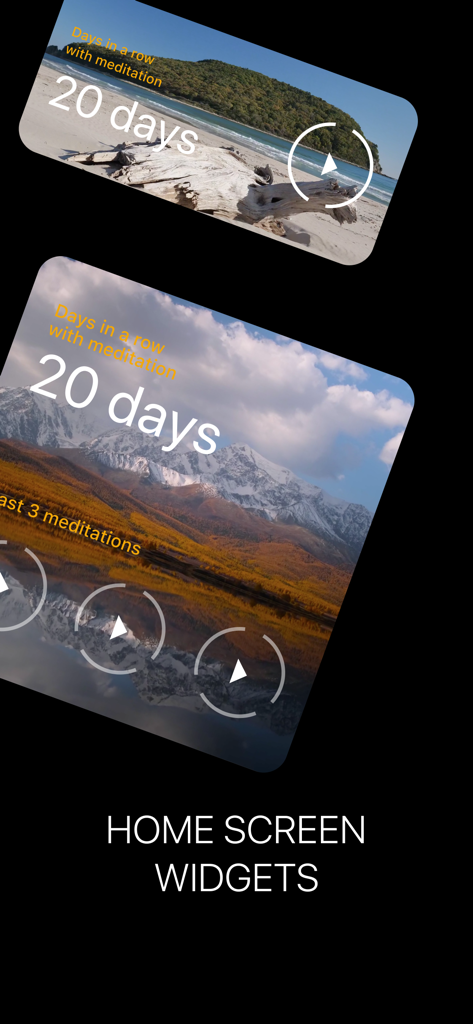 Siberian Breath - Widgets de la pantalla de inicio de la aplicación Siberian Breath que muestran una racha de meditación de 20 días y sesiones recientes sobre paisajes escénicos.