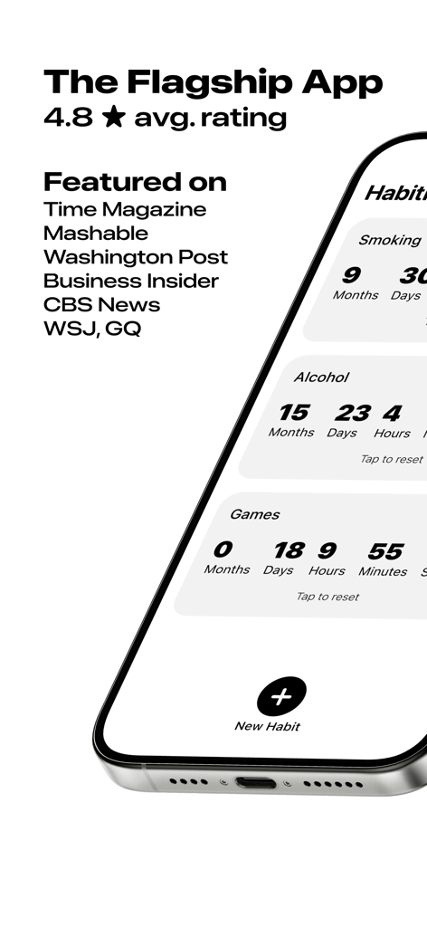 HabitFree: Quit Now - HabitFree app interface showing sobriety counters for smoking and alcohol with featured media outlets and user rating.