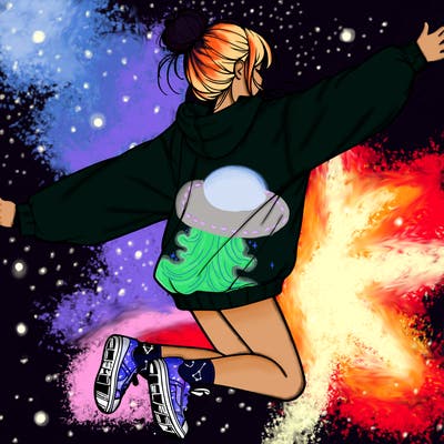 realistic girl jumping with a bun and oversized sweatshirt