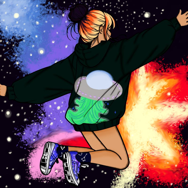 realistic girl jumping with a bun and oversized sweatshirt