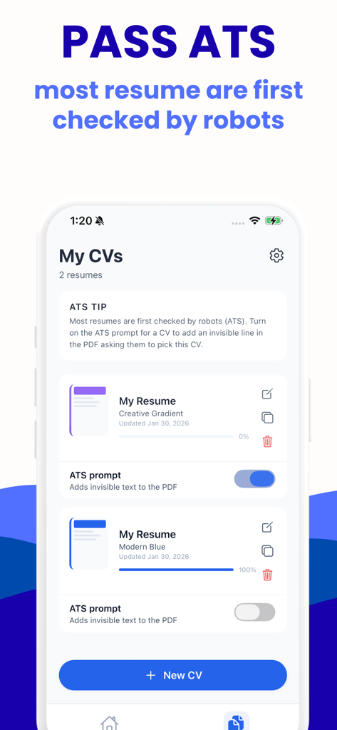 CV Builder: AI Resume Maker - App screen showing resume management and ATS optimization settings for job seekers