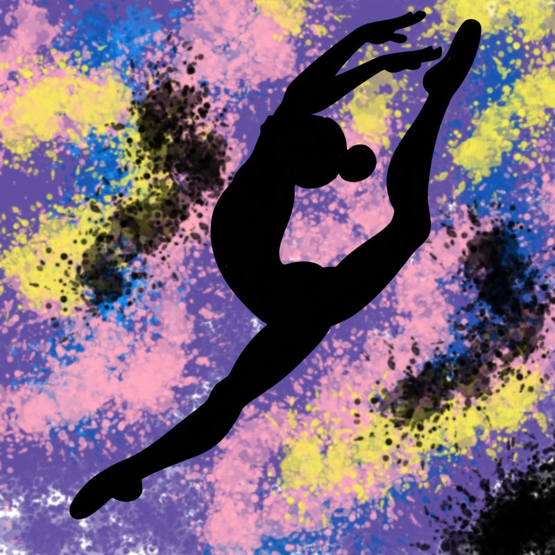 gymnast doing a leap in a leotard with a bent back leg