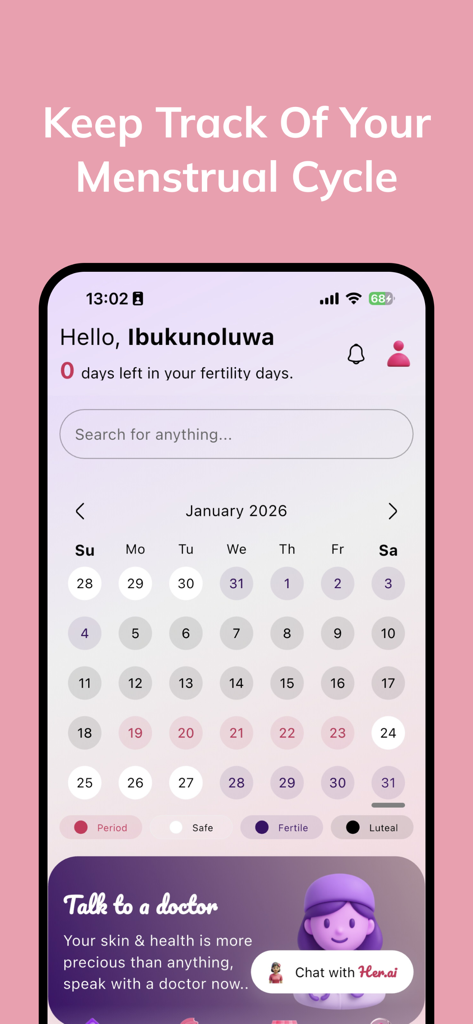 Her Pride - Her Pride app interface showing a monthly menstrual cycle calendar for tracking period and fertility days