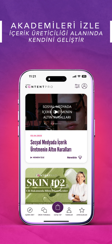 ContentPro - Loreal ContentProアプリのインターフェイス。ソーシャルメディアコンテンツクリエイター向けの教育ビデオコースを表示しています。