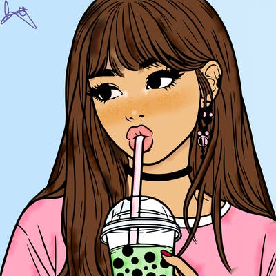 aesthetic realistic girl drinking boba
