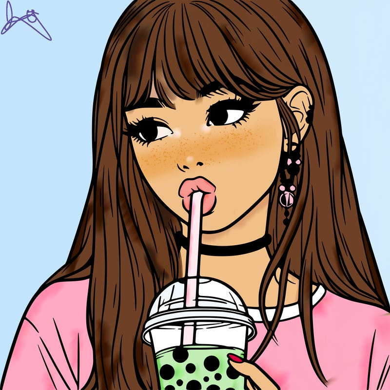 aesthetic realistic girl drinking boba