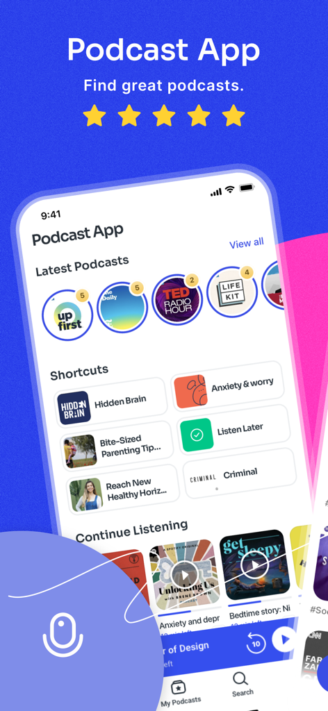 Podcast App - 最新番組と発見ショートカットが表示されたポッドキャストアプリのホーム画面