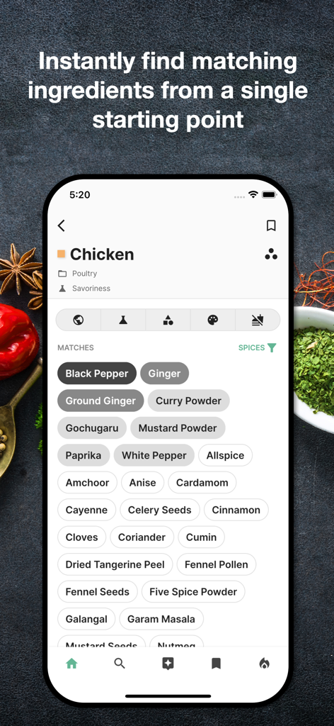 TasteMatch - TasteMatch app interface showing spice pairings for chicken.