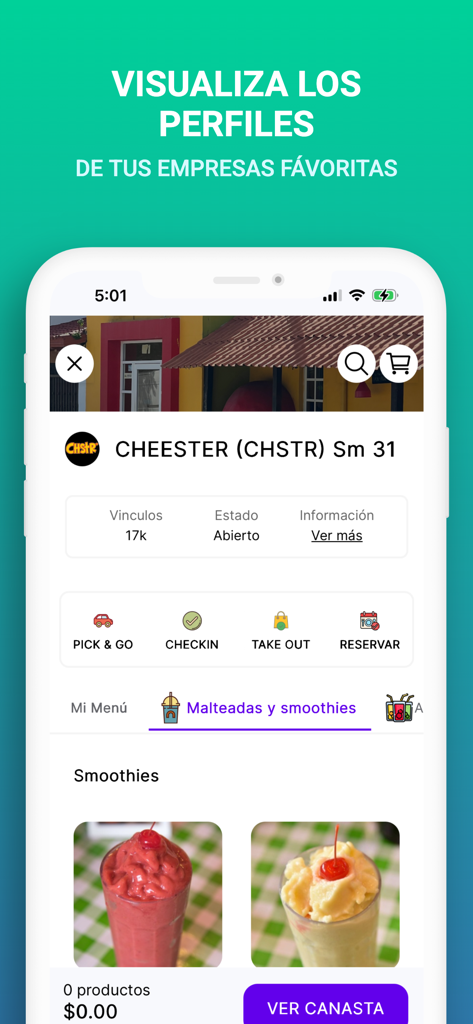 Glooping - Glooping mobile app displaying a restaurant profile with menu categories and food photos