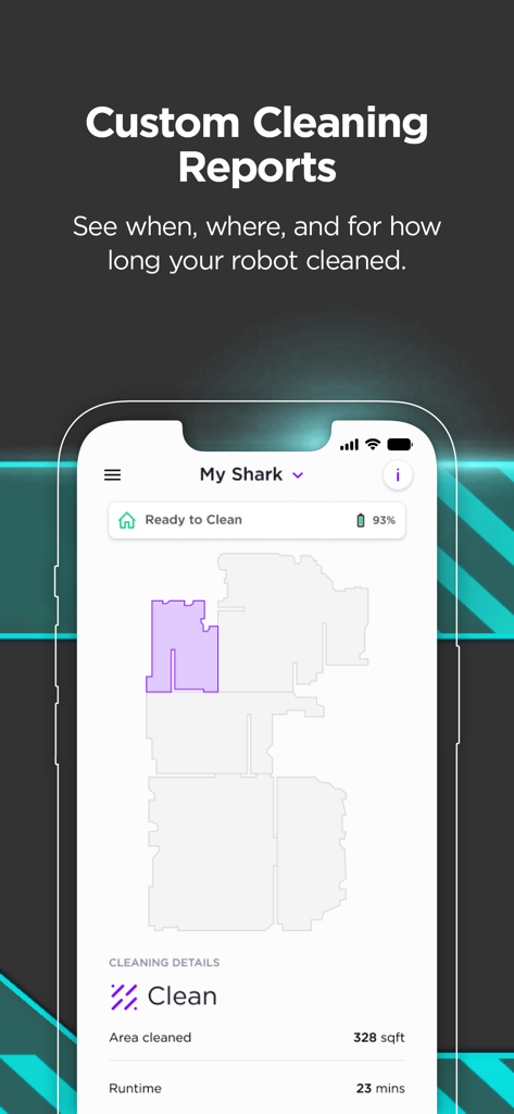 Schermata dell'app SharkClean che mostra un rapporto di pulizia dettagliato con una mappa della casa e statistiche sul tempo di funzionamento