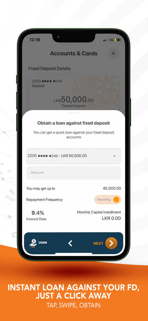 Interface of the Sampath Vishwa Retail app showing the instant loan against fixed deposit feature
