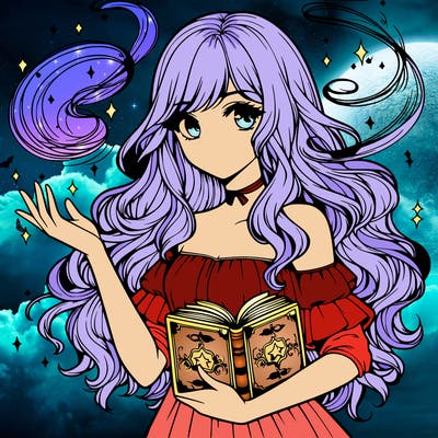 realistic girl with a spell book and magic swirling around her