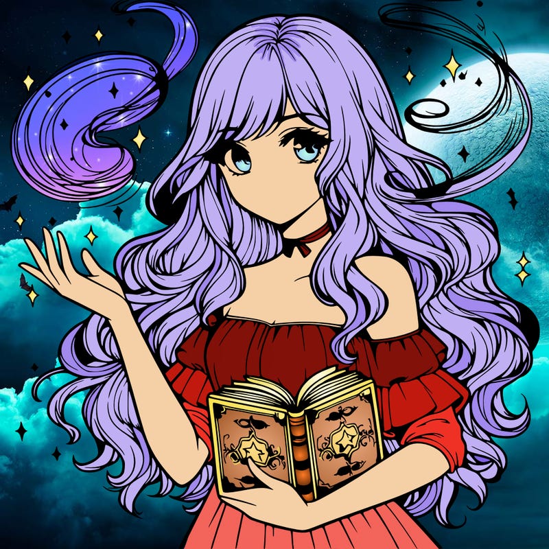 realistic girl with a spell book and magic swirling around her
