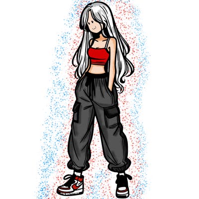 girl in baggy pants crop top and long hair