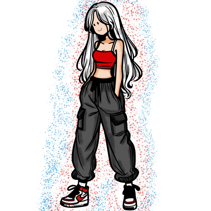 girl in baggy pants crop top and long hair