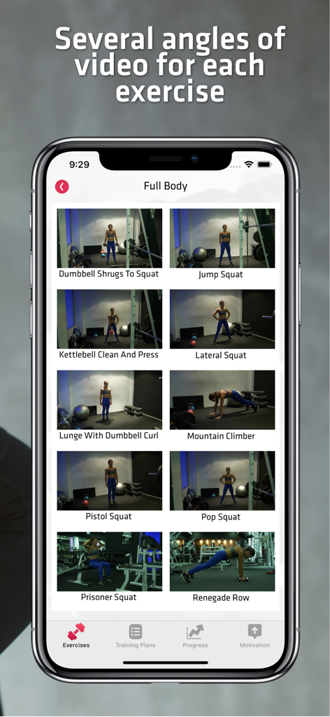 Home Workout For Women - Mobile app screen showing a library of full body exercises with video demonstrations for women