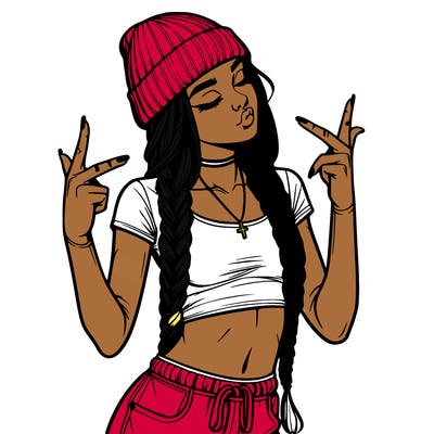 realistic teenage girl with braids and a beanie and crop top doing 🫶🏼