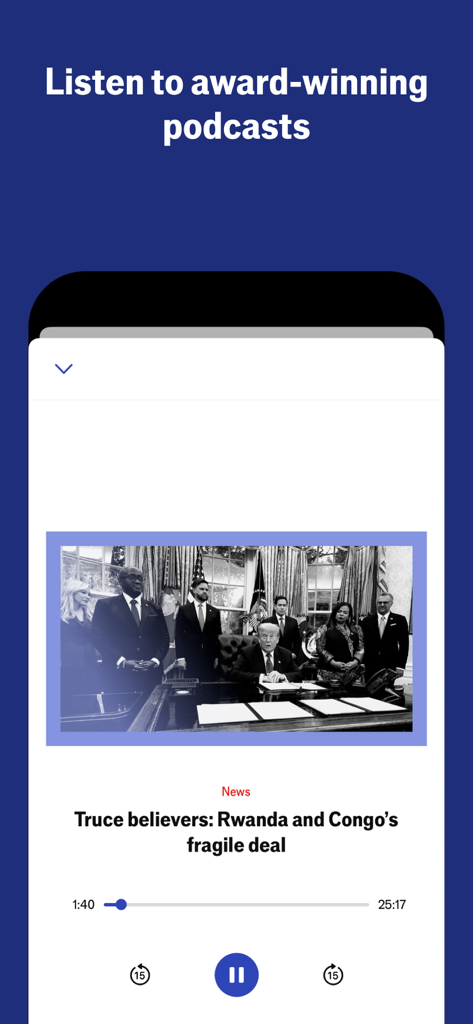 Le lecteur de podcasts de l'application Espresso affiche un reportage audio avec des commandes de lecture.