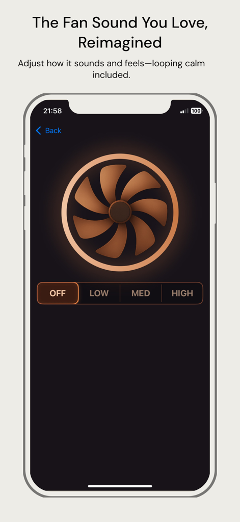 Interfaz de la aplicación White Moises for Sleep que muestra un icono de ventilador estilizado con ajustes de velocidad baja, media y alta para sonidos de sueño.