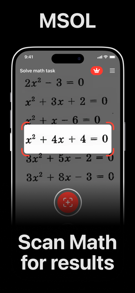 AI Math Solver Helper - Msol - MSOL app scanning a quadratic equation for instant results