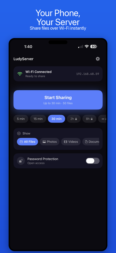 LudyServer - File Transfer - LudyServer app main interface showing start sharing button and wifi file transfer settings