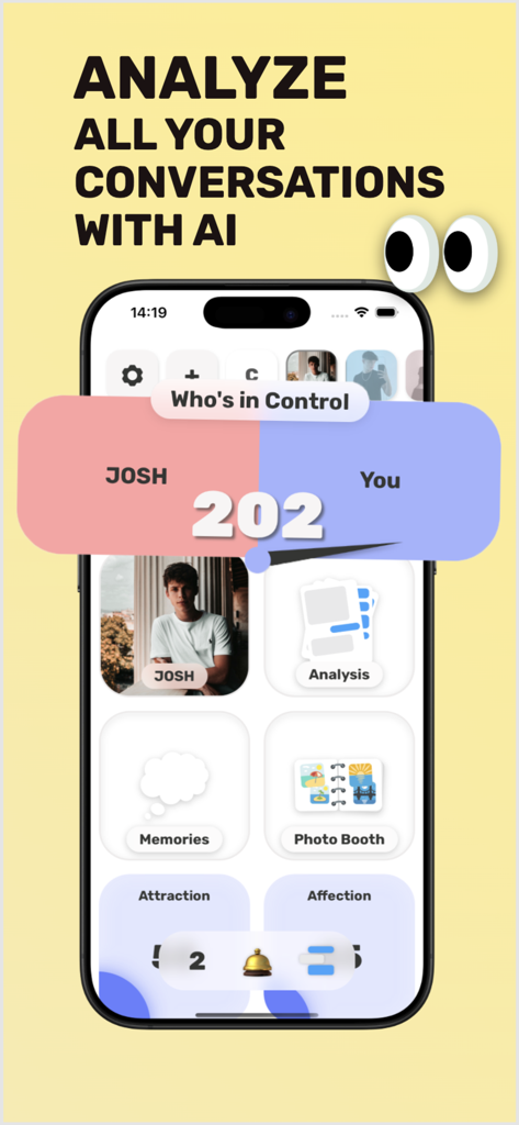 Delulu Ai - Relationship App - Interfaz de la aplicación móvil Delulu AI que muestra análisis del equilibrio de poder de la relación y funciones de seguimiento de conversaciones