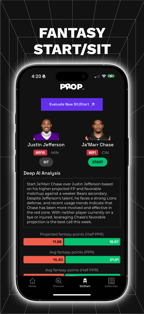 PropGPT app interface comparing two football players for a fantasy start or sit decision using AI analysis