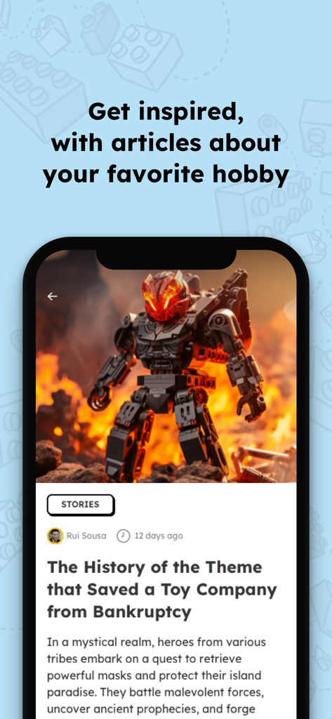 Brick News - Brick News mobile app interface showcasing an article about building block history
