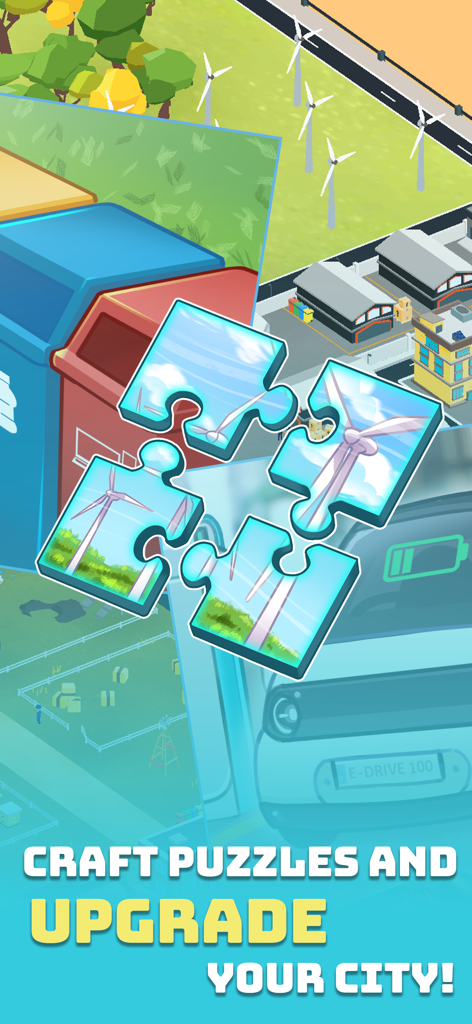 Bumi: Next stop, Earth! - Puzzle pieces showing a wind turbine used to upgrade a sustainable city with recycling bins and electric cars in the Bumi game.