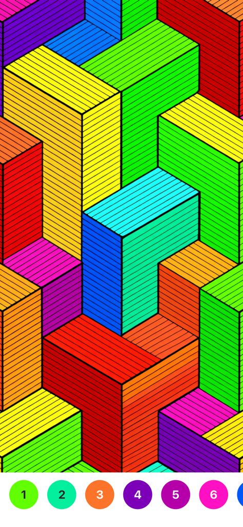 Lebendige geometrische 3D-Blöcke in einer Malen-nach-Zahlen-Mobile-App-Oberfläche