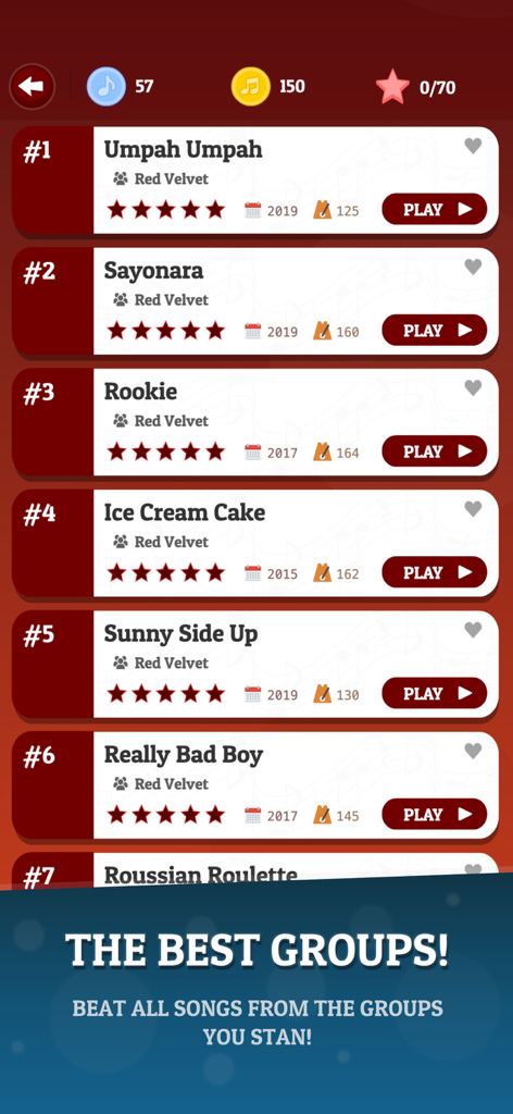 KPOP Tiles 2026 - Red Velvet 곡 목록이 포함된 KPOP Tiles 2026의 곡 선택 화면