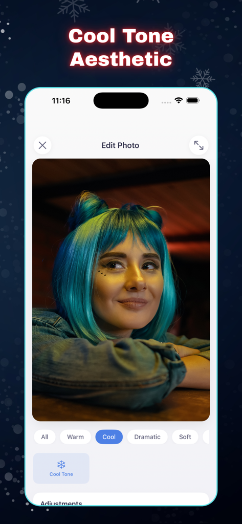 PhotoRoom+ - PhotoRoom+ app screen showing a cool tone aesthetic filter being applied to a portrait photo of a woman with blue hair