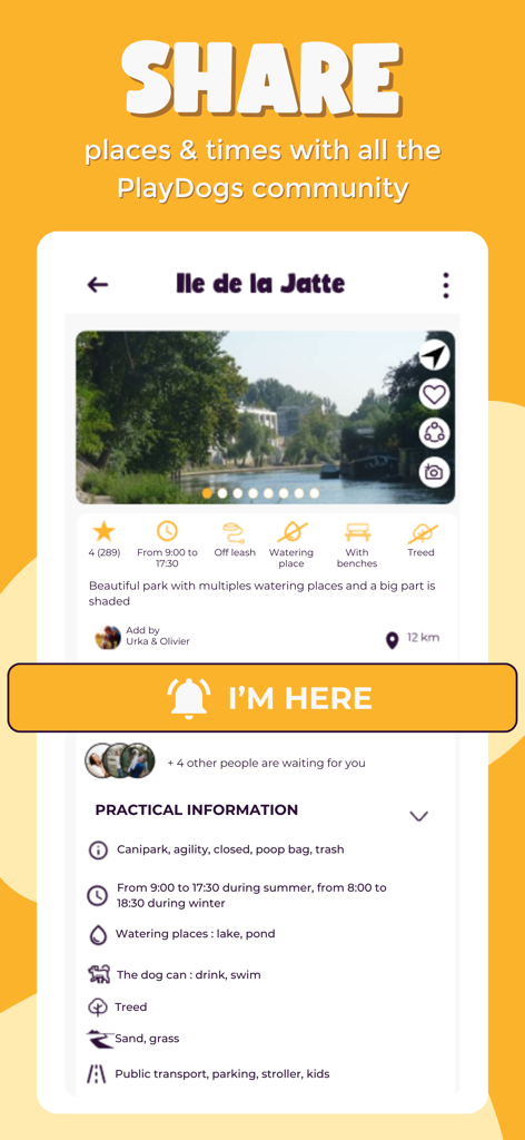 PlayDogs: Walk your dog - Écran de l'application mobile PlayDogs montrant des informations détaillées sur un parc adapté aux chiens, y compris les commodités et les fonctionnalités d'enregistrement communautaire