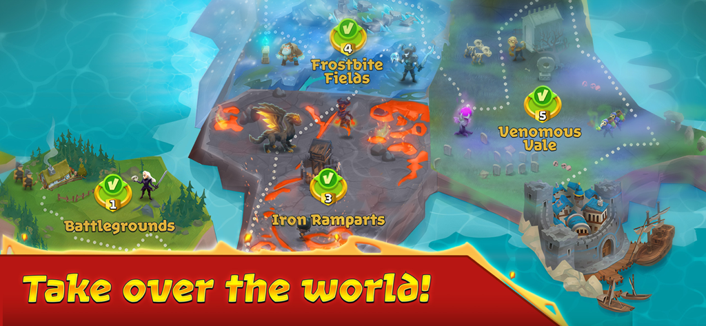 Battle Legion - Mass Battler - A game map showing different regions like Frostbite Fields and Iron Ramparts with a banner saying Take over the world