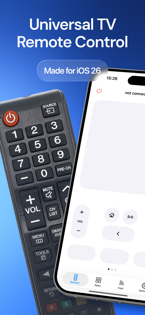 Universal Remote Control TV ・ - Interfaz de la app de control remoto universal para TV en un iPhone junto a un mando físico