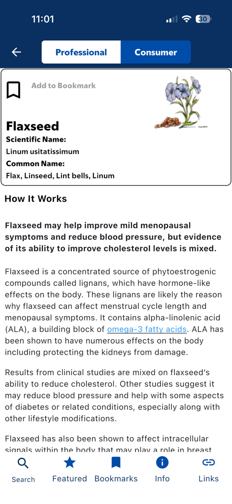 Flaxseed information page on the About Herbs mobile app by Memorial Sloan Kettering