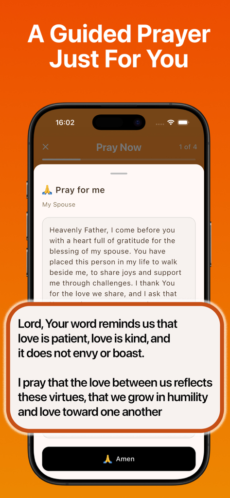 Pray Haven: Christian Journal - Interfaz de oración guiada en la aplicación Pray Haven con una oración personalizada para un cónyuge y escrituras sobre el amor.