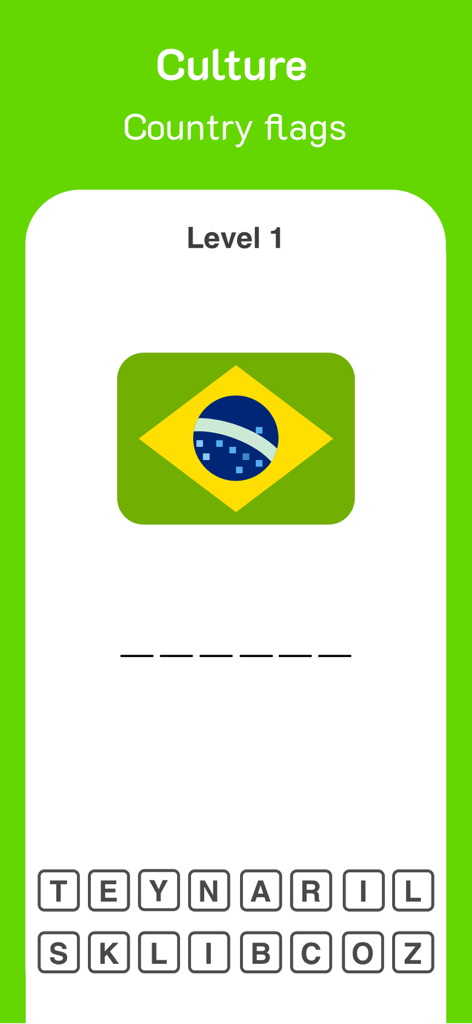 Logo Quiz: Guess Brands - Captura de pantalla de la aplicación Logo Quiz que muestra un nivel de trivia de banderas de países con Brasil.
