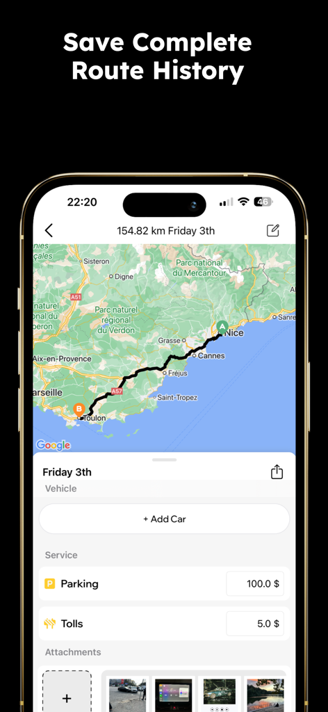 Vue de l'historique des itinéraires dans l'application Kilométrage de voiture montrant un itinéraire sur la carte et les dépenses du trajet comme le stationnement et les péages